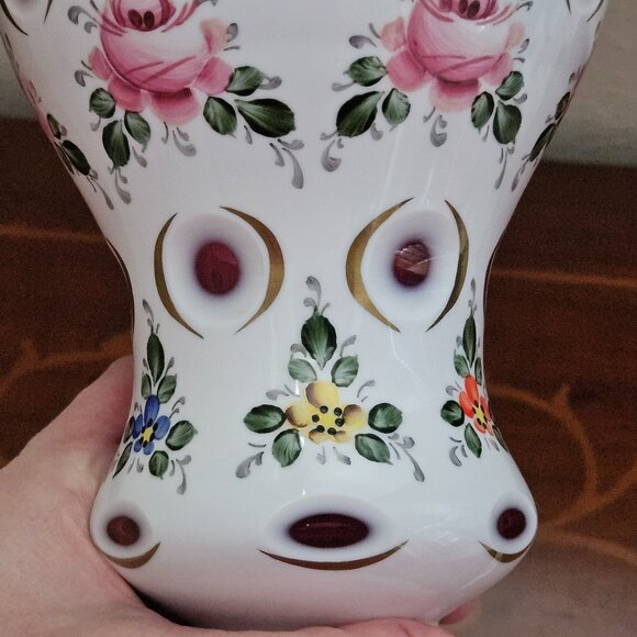ANTIQUE VINTAGE BOHEMIAN CZECH MOSER FLOWER HAND PAINTED CUT TO CLEAR GLASS VASE